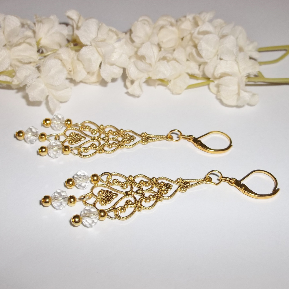 Earring Chandelier Statement Gold & Clear Set 4505 - Picture 3 of 8